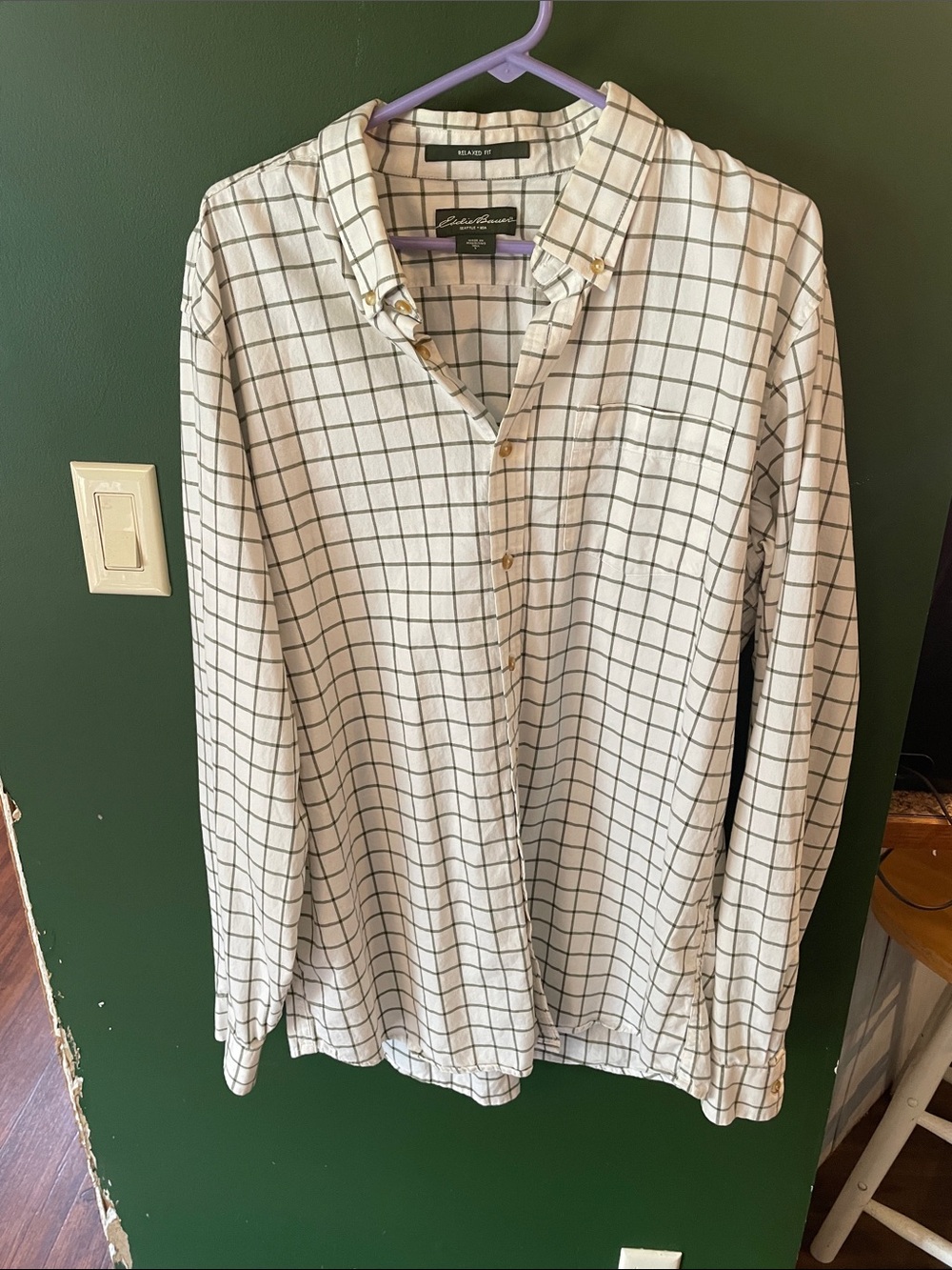 Eddie Bauer White Button-Down Shirt with Black Windowpane Grid Size LT